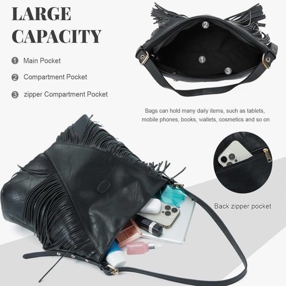 Lui Sui Vegan Leather Black Crossbody With Fringe Large Purse Bag - Picture 5 of 6